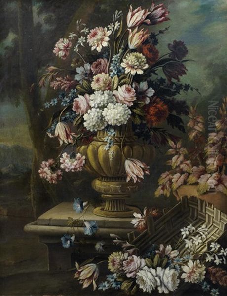 Tulips, Roses, Carnations And Other Flowers In A Bronze Urn On A Stone Plinth, With Roses, Chrysanthemums And Other Flowers In A Basket Before A Landscape Oil Painting by Giacomo Nani