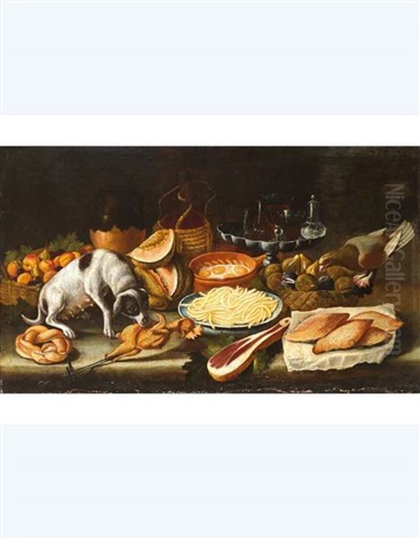 Natura Morta Con Cane, Carni, Frutta, Melone E Pasta (+ Natura Morta Con Carni, Verdure, Formaggio E Gatto; 2 Works) Oil Painting by Giacomo Nani