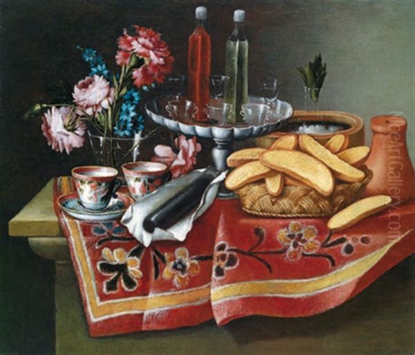 Stillleben Mit Blumen, Einer Aufsatzschale Mit Glasern Und Likorflaschen, Einem Eisbehalter, Porzellantassen, Blutwurst Und Brotkorb Oil Painting by Giacomo Nani