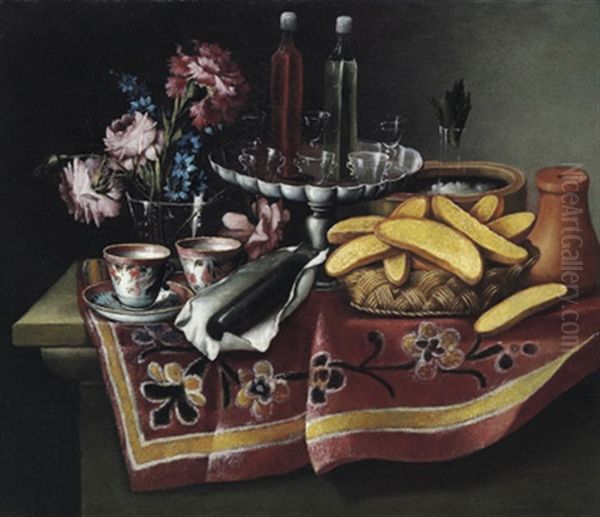 Natura Morta Con Fiori, Alzata Con Vetri E Liquori, Ghiacciaia, Ceramiche E Cesto Con Pane Oil Painting by Giacomo Nani