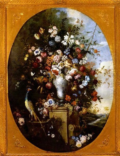 Mazzo Di Fiori In Vasi Di Porcellana Di Delft Con Un Fagiano ( + Another Similar: Pair) Oil Painting by Giacomo Nani