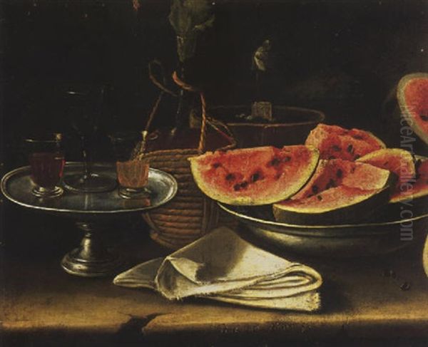 A White Napkin, Slices Of Watermelon, A Bottle And A Glass Of Red And White Wine On A Silver Tazza On A Stone Ledge Oil Painting by Giacomo Nani