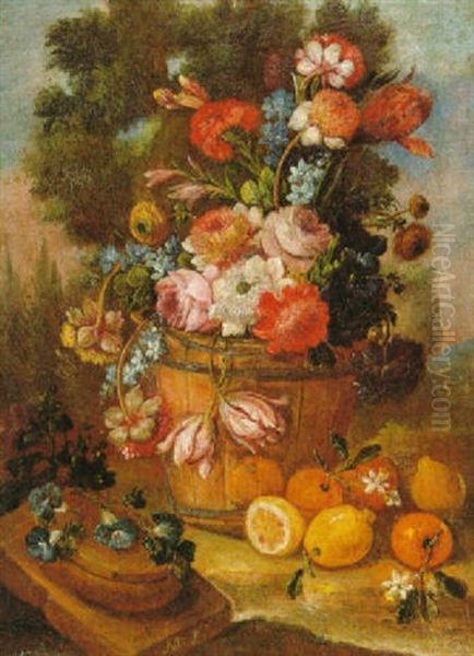 Florero Con Frutas Sobre Una Mesa Oil Painting by Mariano Nani