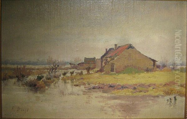 Boerderij Aan De Rand Van Een Rivier. Oil Painting by Franz Binje