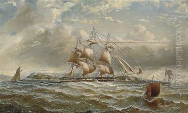 A British Merchantman Running Down The Firth Of Clyde In A Stiff Breeze, The Cloch Lighthouse Off Her Port Bow Oil Painting by George Alexander Napier