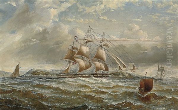 A British Merchantman Running Down The Firth Of Clyde In A Stiff Breeze, The Cloch Lighthouse Off Her Port Bow Oil Painting by George Alexander Napier