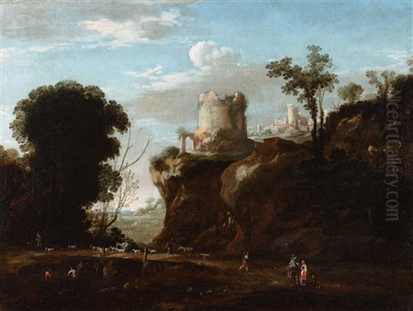 Figures In A Rocky Landscape With A Tower Oil Painting by Filippo Napoletano