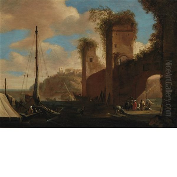 Harbor Scene With Ships, Ruins And Figures By An Archway Oil Painting by Filippo Napoletano