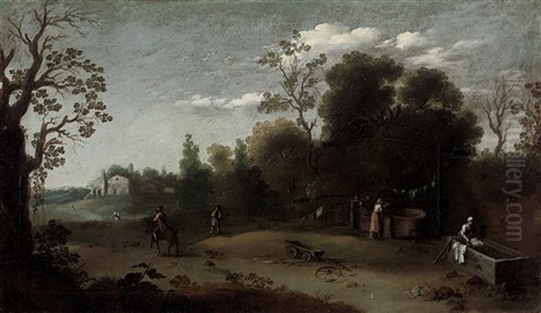 A Wooded Italianate Landscape With Washerwomen In The Foreground Oil Painting by Filippo Napoletano