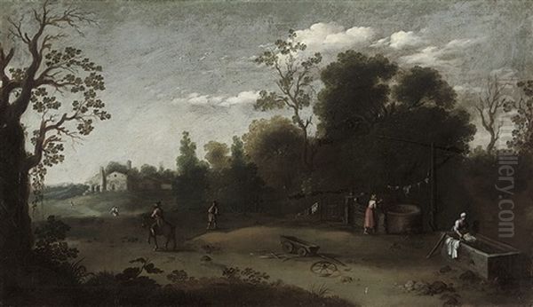 A Wooded Italianate Landscape With Washerwomen Oil Painting by Filippo Napoletano