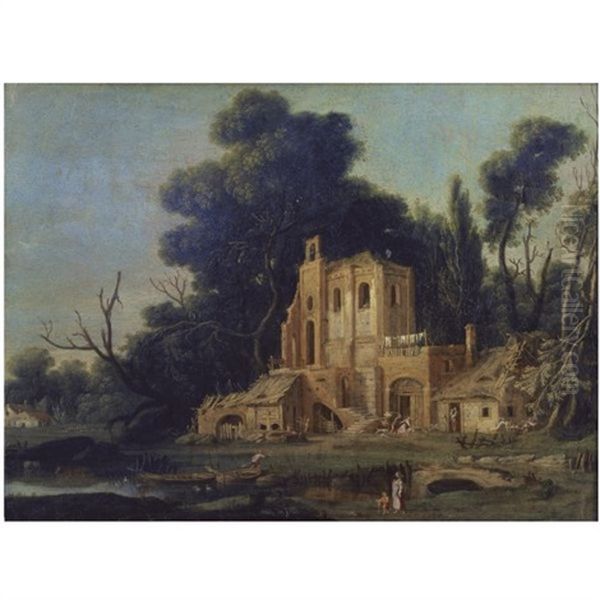 A Capriccio River Landscape With A Man Chasing A Woman In Front Of A Ruined Building Oil Painting by Filippo Napoletano