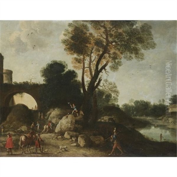 A Classical Landscape With Cavaliers In The Foreground, A Woodcutter Felling A Tree Beyond Oil Painting by Filippo Napoletano