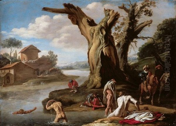 A River Landscape With Horsemen And Figures Bathing In The Foreground Oil Painting by Filippo Napoletano