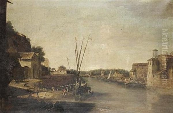 A River Landscape With Stevedores Unloading A Barge Oil Painting by Filippo Napoletano