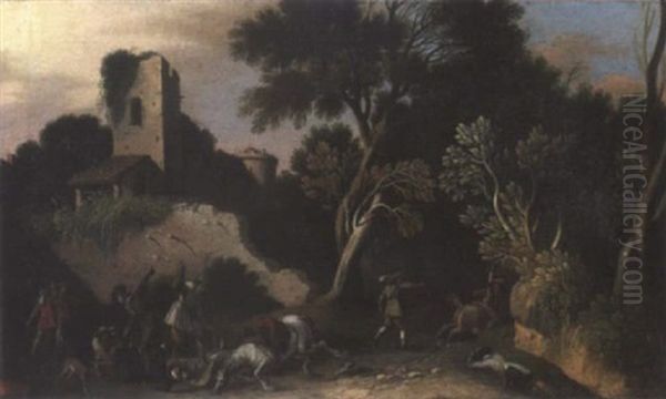 Bandits Attacking Travellers Beside A Ruined Castle Oil Painting by Filippo Napoletano