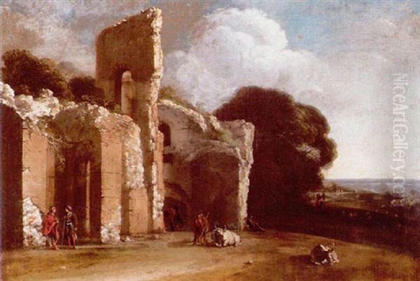 Landscape With Ruins, Peasants And Cattle Oil Painting by Filippo Napoletano