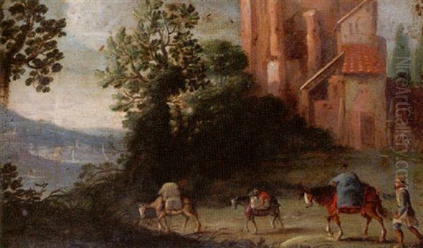 River Landscape With A Drover And Pack Animals Passing Houses Oil Painting by Filippo Napoletano