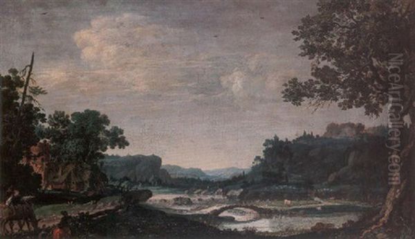 A River Landscape With Travellers On A Country Road And A Cottage In The Foreground, The Sacrifice Of Isaac On A Hill Beyond Oil Painting by Filippo Napoletano