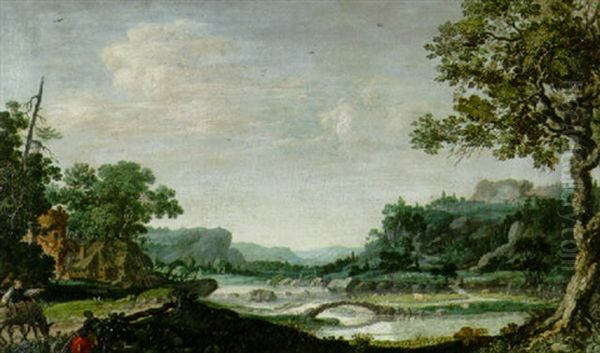 An Extensive River Landscape With Peasants And A Donkey By A Path Oil Painting by Filippo Napoletano