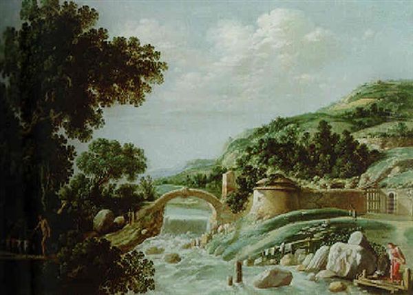 A Wooded Landscape With A Goatherd And His Flock And A Washerwoman Oil Painting by Filippo Napoletano