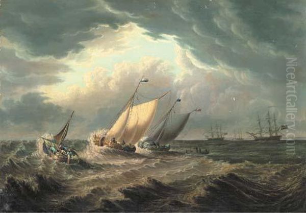 Dutch Fishing Boats Off The Coast With Other Shipping In Thedistance Oil Painting by Thomas A. Binks