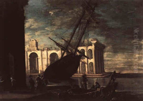 Paesaggio Marittimo Con Nave Oil Painting by Filippo Napoletano