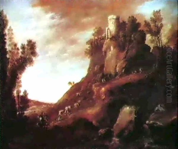 Paesaggio Con Torre Su Un Dirupo E Figure Oil Painting by Filippo Napoletano