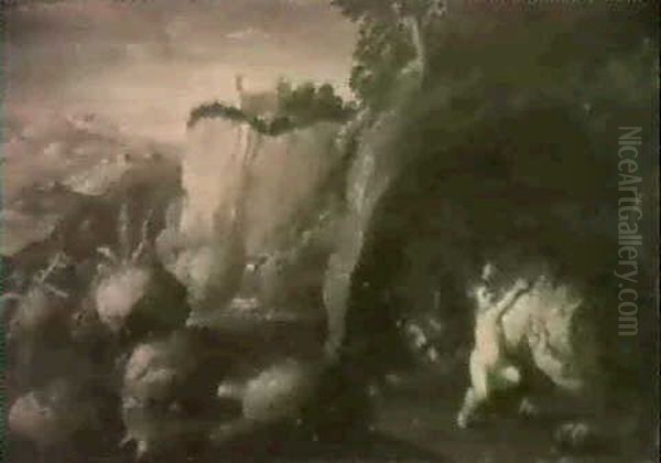 Paysage De Ruines Avec Romulus Et Remus Allaites Par        La Louve Oil Painting by Filippo Napoletano