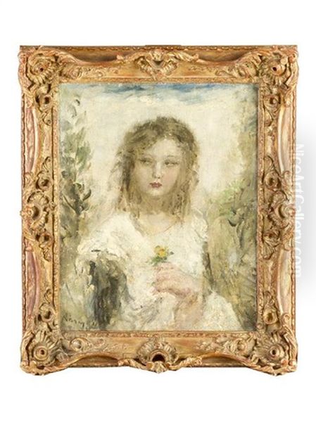 Girl Portrait With Flower In Her Hand Oil Painting by Aurel Naray