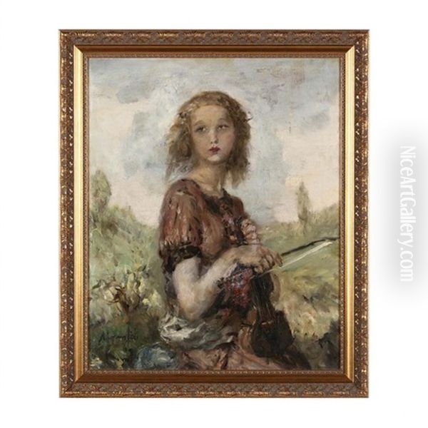 A Young Violinist Oil Painting by Aurel Naray