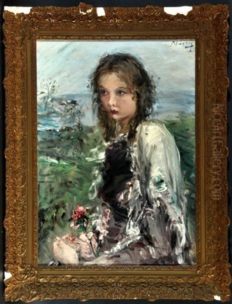 Halbportrait Eines Madchens Mit Blume, Im Hintergrund Landschaft Oil Painting by Aurel Naray