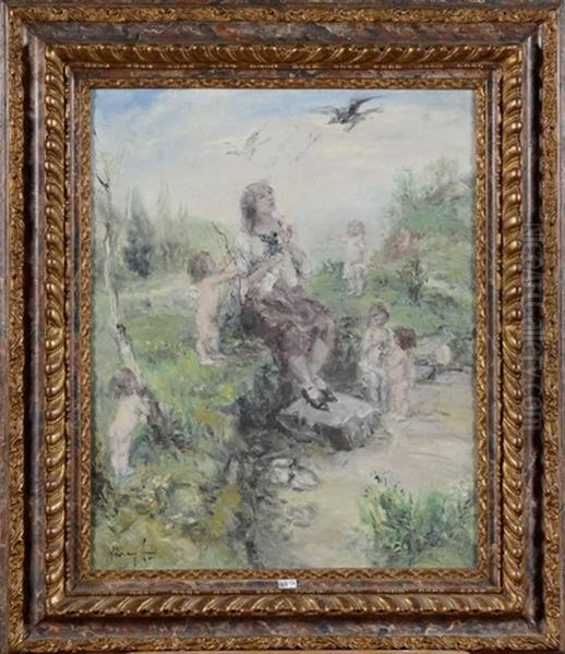 Jeune Fille Et Angelots Au Bord De L'eau Oil Painting by Aurel Naray