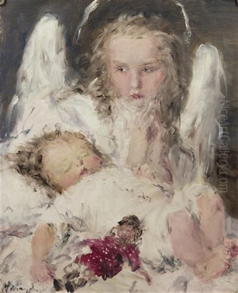 Angel And Child Oil Painting by Aurel Naray