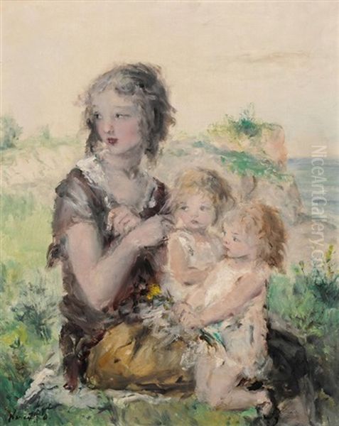 Junges Madchen Mit Zwei Kindern An Der Kuste Oil Painting by Aurel Naray