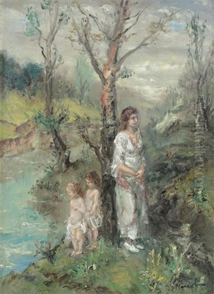 On The Shore Of The River (the Allegory Of Little Girls Baptism) Oil Painting by Aurel Naray