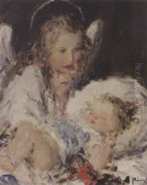 An Angel Watching Over Oil Painting by Aurel Naray