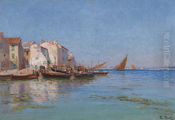 Fishing Boats Docked By A Coastal Village Oil Painting by Francois Nardi