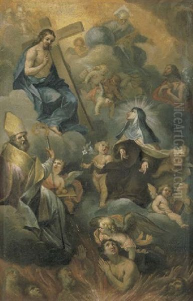 Santa Rita Intercede Presso La Trinita Per Le Anime Purganti, Con San Nicola E San Giovanni Battista Oil Painting by Tomaso Nardini