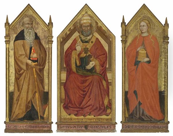 A Triptych: The Central Panel: Saint Peter Enthroned; The Left Wing: Saint Anthony Abbot; The Right Wing: Saint Mary Magdalene Oil Painting by Mariotto Di Nardo