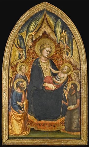 The Madonna And Child Enthroned, With Saint Peter, Saint John The Baptist, Saint Catherine Of Alexandria And One Other Female Saint And Angels Oil Painting by Mariotto Di Nardo