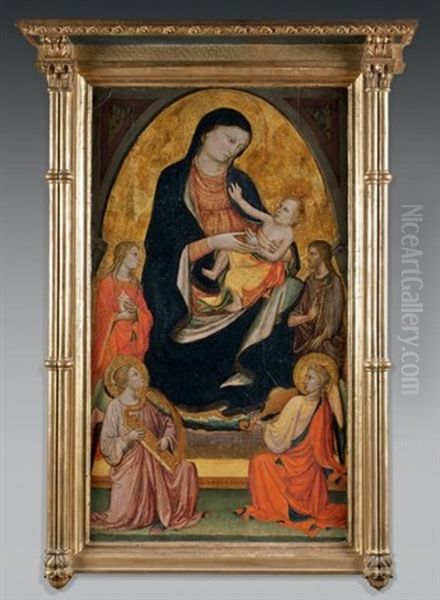 La Vierge A L'enfant Entre Sainte Madeleine, Saint Jean Baptiste Et Deux Anges Musiciens Oil Painting by Mariotto Di Nardo