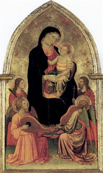 La Madonna Col Bambino Fra Una Santa E Il Battista E Due Angeli Musicante Oil Painting by Mariotto Di Nardo