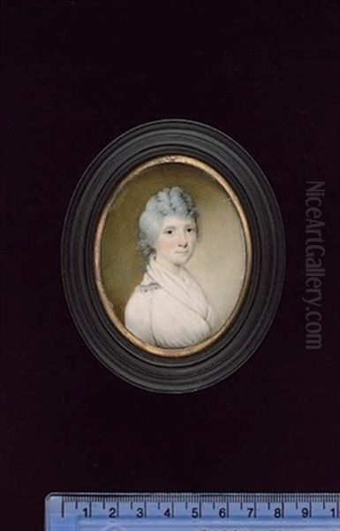 A Lady, Wearing White Dress, The Collar Trimmed With Blue, White Fichu, Her Hair Curled And Powdered Oil Painting by Edward Nash