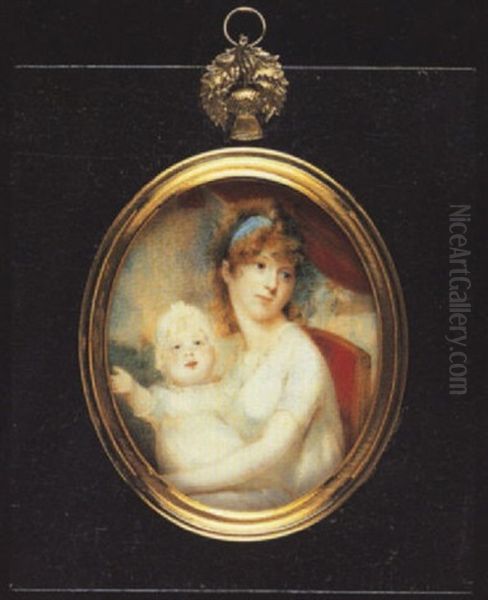 A Mother And Child, She Wearing White Dress With Frilled Neckline, A Blue Bandeau In Her Hair; Her Child In White Dress And Bonnet Oil Painting by Edward Nash