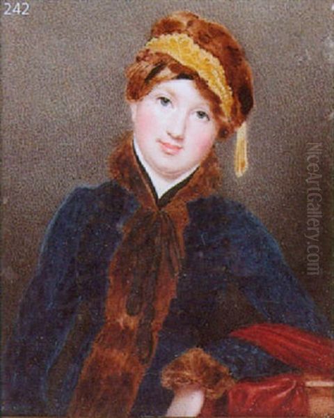 A Lady Wearing Fur-trimmed Blue Zouave Coat And Matching Fur Cap Oil Painting by Edward Nash