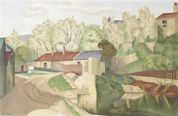 Landscape With Canal, Lock And Bridge (recto); Dockyard Scene (verso) Oil Painting by John Nash