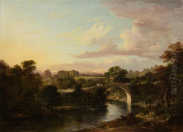 Traveller On A Donkey Crossing An Old Arched Stone Bridge With Woodland And A Fortified House Oil Painting by Alexander Nasmyth