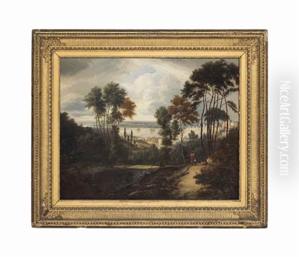 An Extensive Landscape With Houses Overlooking A River, With Figures In The Foreground by Alexander Nasmyth