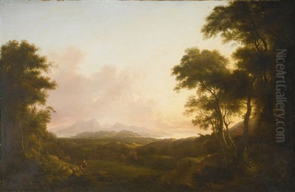 View Of Crosbie Castle In Ayrshire, With The Isle Of Arran Beyond Oil Painting by Alexander Nasmyth