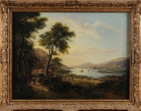 Loch Fyne, An Extensive Landscape, Figures On A Path In The Foreground, View To A Loch Beyond Oil Painting by Alexander Nasmyth